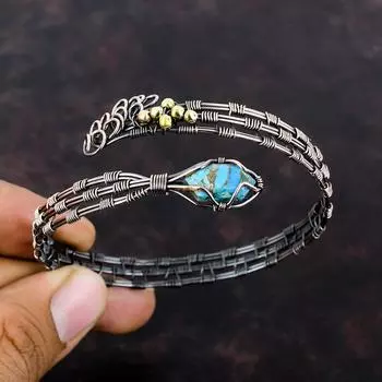 Медно-голубой бирюзовый браслет-манжета с драгоценными камнями, браслет из медной проволоки, ювелирные изделия ручной работы, регулируемый браслет-манжета, браслет из медной проволоки