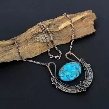 Медно-голубой бирюзовый драгоценный камень, ручная работа, медная проволочная обертка, ювелирное изделие, великолепное ожерелье для любви 18 Inches With Adjustable синий