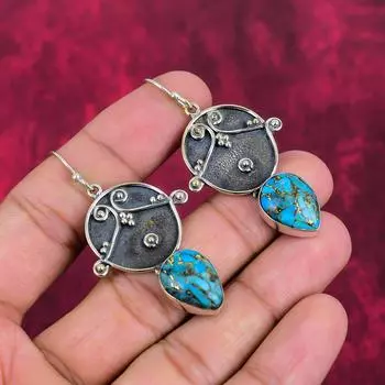 Медно-голубые бирюзовые ювелирные изделия, серьги ручной работы с драгоценными камнями, 925 пробы цельные серьги из стерлингового серебра, антикварные ювелирные изделия, для подарка на помолвку 2.24 Inches синий