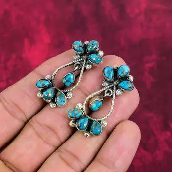 Медно-голубые бирюзовые ювелирные изделия, серьги ручной работы с драгоценными камнями, 925 пробы цельные серьги из стерлингового серебра, антикварные ювелирные изделия, для подарка на помолвку 1.65 Inches синий