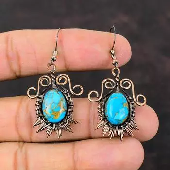 Медно-синие бирюзовые серьги, серьги из медной проволоки, драгоценный камень, медные ювелирные изделия ручной работы, новые серьги, ювелирные изделия, подарок для нее