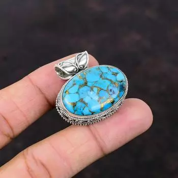 Медно-синий бирюзовый кулон Подвеска из драгоценного камня Стерлингового серебра 925 пробы Достойный кулон ручной работы Винтажные ювелирные изделия Дизайнерский кулон для подарка
