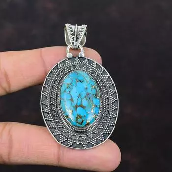 Медно-синий бирюзовый кулон, серебряный кулон с драгоценным камнем, подвеска из стерлингового серебра 925 пробы, винтажные ювелирные изделия ручной работы, уникальный кулон, подарки на годовщину