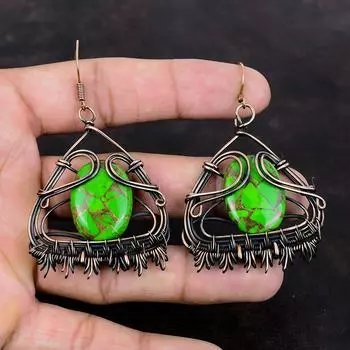 Медно-зеленые бирюзовые серьги, медная проволока, обернутые серьги, драгоценные камни, ювелирные изделия ручной работы, новейший дизайн, серьги, подарок для нее, ювелирные изделия из медной проволоки