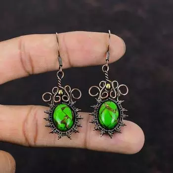 Медно-зеленые бирюзовые серьги, медная проволока, обернутые серьги, красивые драгоценные камни, серьги ручной работы, подарок на годовщину, медная проволока, ювелирные изделия