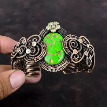 Медно-зеленый бирюзовый браслет-манжета Браслет из медной проволоки Регулируемый браслет ручной работы из натуральных драгоценных камней Ювелирные изделия Подарок для мамы Цветочная манжета