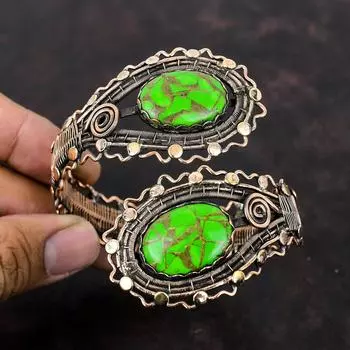 Медно-зеленый бирюзовый браслет-манжета Браслет из медной проволоки Регулируемый браслет ручной работы Антикварные манжеты Драгоценный камень Медные украшения Подарок для него