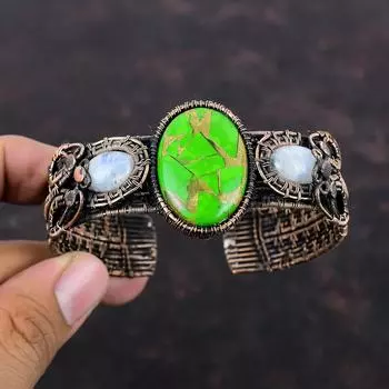 Медно-зеленый бирюзовый браслет-манжета, регулируемый браслет с медной проволокой, браслет ручной работы с радужным лунным камнем, ювелирные изделия из драгоценных камней, подарок для мамы