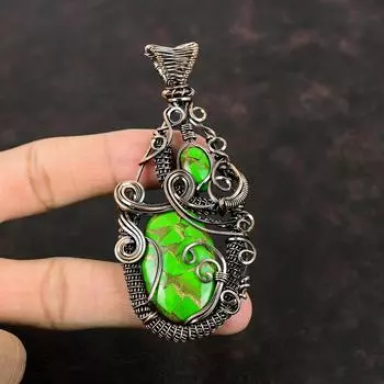 Медно-зеленый бирюзовый кулон Медная проволока, обернутая драгоценными камнями, ювелирные изделия, кулон ручной работы, новейший дизайн, кулон, подарок для нее, кулон из медной проволоки