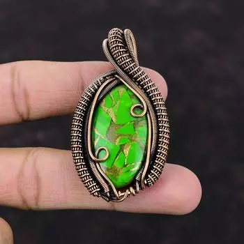 Медно-зеленый бирюзовый кулон Медная проволока, обернутая кулоном с драгоценным камнем, ювелирные изделия ручной работы Изящный кулон, медная проволока, обернутая ювелирными изделиями, свадебный подарок
