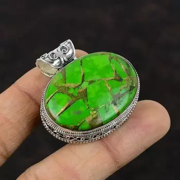 Медно-зеленый бирюзовый кулон ручной работы Элегантные ювелирные изделия Стерлинговое серебро 925 пробы Винтажный кулон Ювелирные изделия из натурального драгоценного камня Подарок для мамы