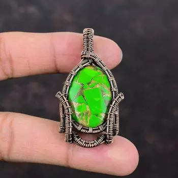 Медно-зеленый бирюзовый кулон с драгоценным камнем, медная проволока, обернутая ювелирными изделиями, достойный кулон, ювелирные изделия ручной работы, медная проволока, обернутая кулоном, подарок для нее