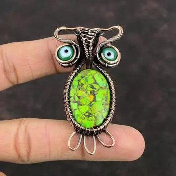 Медно-зеленый бирюзовый кулон, зеленый кулон от сглаза, медная проволока, обернутая драгоценным камнем, кулон ручной работы в виде совы, старинные медные украшения