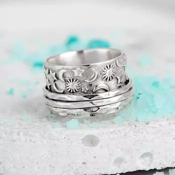 Медное кольцо, Ретро кольцо на указательный палец с текстурой звезд и луны, Кольцо широкой версии Бога Солнца 6