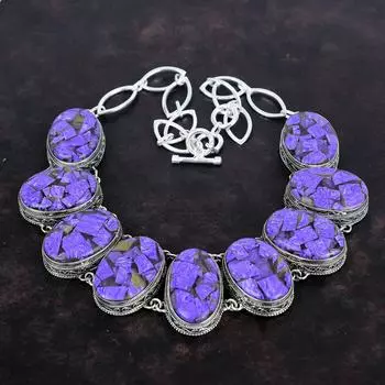 Медное ожерелье из чароита, настоящие драгоценные камни, ювелирные изделия ручной работы, ожерелье из стерлингового серебра 925 пробы, регулируемое ожерелье-цепочка, винтажное ожерелье для подарков