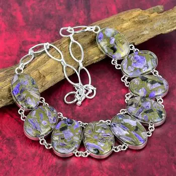 Медное ожерелье с чароитом, ювелирные изделия из драгоценных камней, ожерелье из стерлингового серебра 925 пробы, регулируемая цепочка ручной работы, подарок для ювелирных изделий для жены Adjustable with 18 inches зелёный