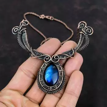 Медное ожерелье с лабрадоритом Ювелирные изделия из медной проволоки Ожерелье ручной работы Ювелирные изделия из лабрадорита Подарки на годовщину Проволочная пленка Ожерелье с драгоценными камнями