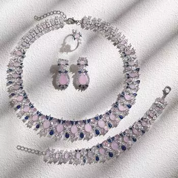Медное ожерелье, серьги, циркон, 4 предмета, роскошный обеденный комплект из халцедона розовый