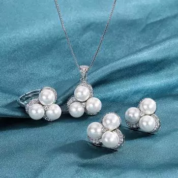 Медное покрытие из настоящего золота в прямом эфире, модные серьги-гвоздики с микро-инкрустацией бриллиантами и ракушками, комплект из трех предметов ожерелья для женщин