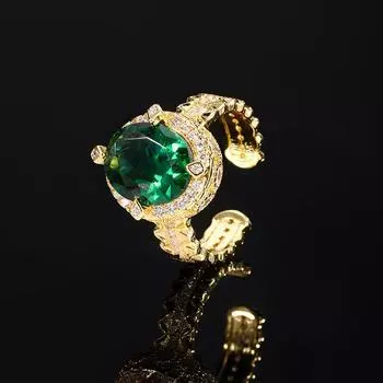 Медное покрытие Золото Ювелирные изделия Винтаж Кольцо Циркон Кристалл Зеленый Цирконий Синий Открытое Кольцо Мода Женщин