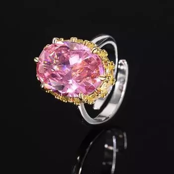 Медное золотое покрытие с бриллиантами, небольшое квадратное овальное кольцо в форме яйца с большим розовым бриллиантом, модное роскошное женское кольцо с красным корундом и изумрудом