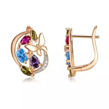 Медные четырехцветные серьги-гвоздики с инкрустацией в виде бабочки