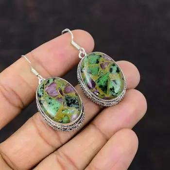 Медные рубиновые серьги с цоизитом, серьги из стерлингового серебра 925 пробы, оригинальные серьги с драгоценными камнями, винтажные серьги ручной работы, дизайнерские ювелирные изделия, подарок для мамы