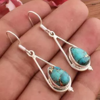 Медные серьги с бирюзой, серьги-капли с бирюзой в стиле бохо, серьги из стерлингового серебра 925 пробы, серьги из серебра с драгоценными камнями, серьги для женщин SEO Free Size синий