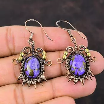 Медные серьги с чароитом Медная проволока Серьги-капельки Драгоценный камень Медные украшения Серьги ручной работы Дизайнерские украшения Подарок на годовщину