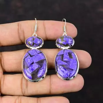 Медные серьги с чароитом, серьги из стерлингового серебра 925 пробы, серьги ручной работы из настоящего драгоценного камня, подарок для девушки, ювелирные изделия из натурального чароита, совершенно новые серьги