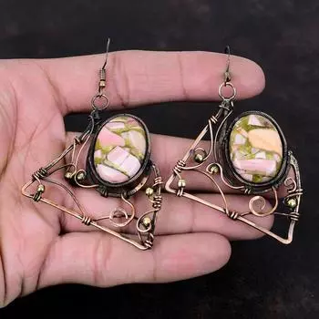 Медные серьги с розовым опалом, медная проволочная обернутая серьга, серьги ручной работы, ювелирные изделия из натуральных драгоценных камней, висячие серьги, подарок для женщин, медные украшения