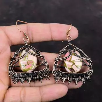 Медные серьги с розовым опалом, медные серьги с проволочной обмоткой, серьги с драгоценными камнями ручной работы, ювелирные изделия с проволочной обмоткой, приличные серьги, свадебный подарок, медные украшения