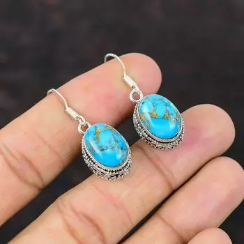 Медные синие бирюзовые серьги Изысканные ювелирные изделия ручной работы Серьги из стерлингового серебра 925 пробы Замечательные ювелирные изделия из драгоценных камней Винтажные серьги Подарок для друга