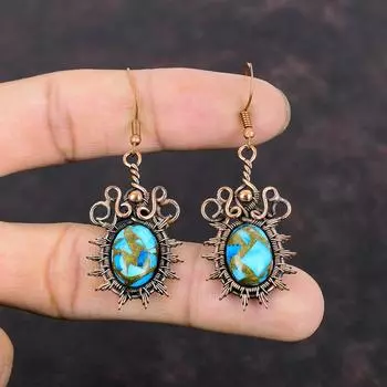 Медные синие бирюзовые серьги Серьги из медной проволоки Серьги из настоящего драгоценного камня Медные украшения Серьги ручной работы Ювелирные изделия из проволочной обмотки для подарка