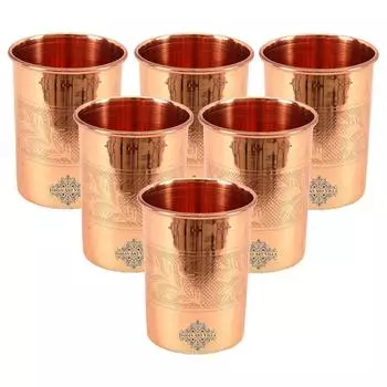 Медные стаканы для воды с тисненым дизайном, Посуда для напитков и сервировки, Аюрведические преимущества для здоровья, Вместимость 300 мл, Набор из 6 штук
