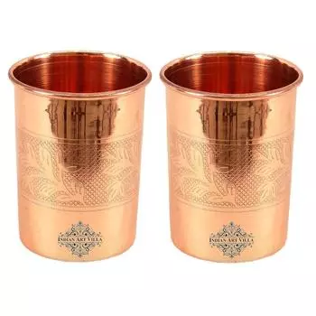 Медные стаканы для воды с тисненым дизайном, Посуда для напитков и сервировки, Аюрведические преимущества для здоровья, Вместимость 300 мл, Набор из 2 штук