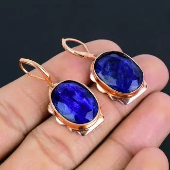 Медные украшения ручной работы с синим сапфиром, созданный в лаборатории драгоценный камень, удивительные серьги для нее 1.50 Inches синий