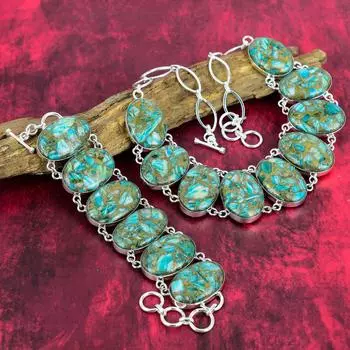 Медный амазонит 925 пробы, браслет и ожерелье из твердого серебра, комплект ювелирных изделий из драгоценных камней ручной работы для нее Adjustable With 8 -18 зелёный