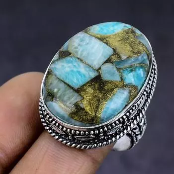 Медный амазонит драгоценный камень 925 стерлингового серебра подарок ювелирное изделие кольцо размер 8 l7A59