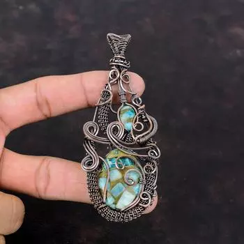 Медный амазонитовый кулон, обернутый медной проволокой, драгоценный камень, ювелирные изделия ручной работы, достойный кулон, амазонитовые украшения для подарка, ювелирные изделия из медной проволоки