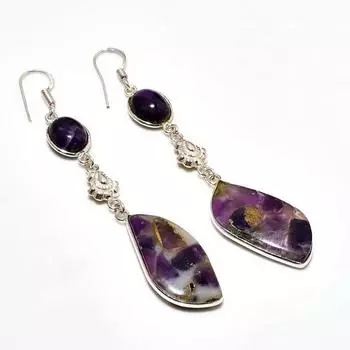 Медный аметист, аметистовый драгоценный камень, серьги с серебряным покрытием 925 пробы, 3,03 дюйма