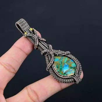 Медный азурит малахитовый драгоценный камень кулон из чистой медной проволоки, обернутый ювелирными изделиями ручной работы 3.60 Inches зелёный