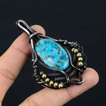 Медный бирюзовый драгоценный камень Чистая медная проволока Обернутый дизайнерский кулон ручной работы Ювелирные изделия для подарка 3.07 Inches синий