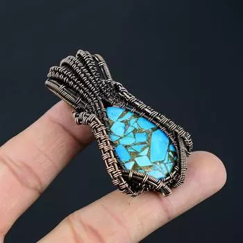 Медный бирюзовый драгоценный камень ручной работы из медной проволоки, ювелирный кулон для женщин 2.48 Inches синий