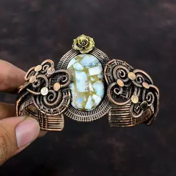 Медный браслет-ларимар, браслет-манжета с драгоценными камнями, медная проволока, регулируемый браслет, медные украшения для подарка, браслет ручной работы, цветочные браслеты