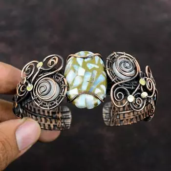 Медный браслет-ларимар, браслет-манжета с радужным лунным камнем, браслет-манжета из медной проволоки, регулируемый браслет-манжета ручной работы для подарка, ювелирные изделия из драгоценных камней