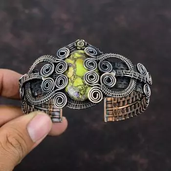 Медный браслет-манжета из стихтита, браслет из медной проволоки, регулируемая манжета, драгоценный камень, медные украшения, подарок для него, браслет ручной работы, ювелирные изделия из проволоки