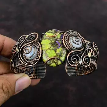 Медный браслет-манжета из стихтита, браслет-манжета с радужным лунным камнем, медная проволока, браслет-манжета с драгоценным камнем, регулируемый браслет, медные украшения ручной работы