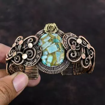 Медный браслет-манжета с амазонитом, медная проволока, регулируемый браслет, манжета ручной работы, браслет с драгоценными камнями, цветок, проволочная обмотка, ювелирное изделие, подарок для мамы