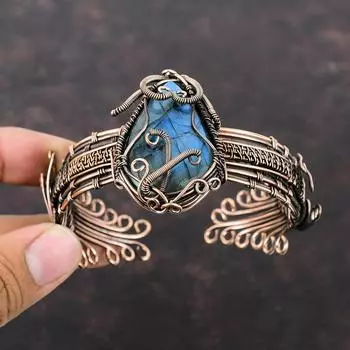 Медный браслет-манжета с лабрадоритом, браслет с проволочной обмоткой, регулируемый браслет, браслет-манжета с драгоценным камнем, медный браслет ручной работы, ювелирные изделия из лабрадорита